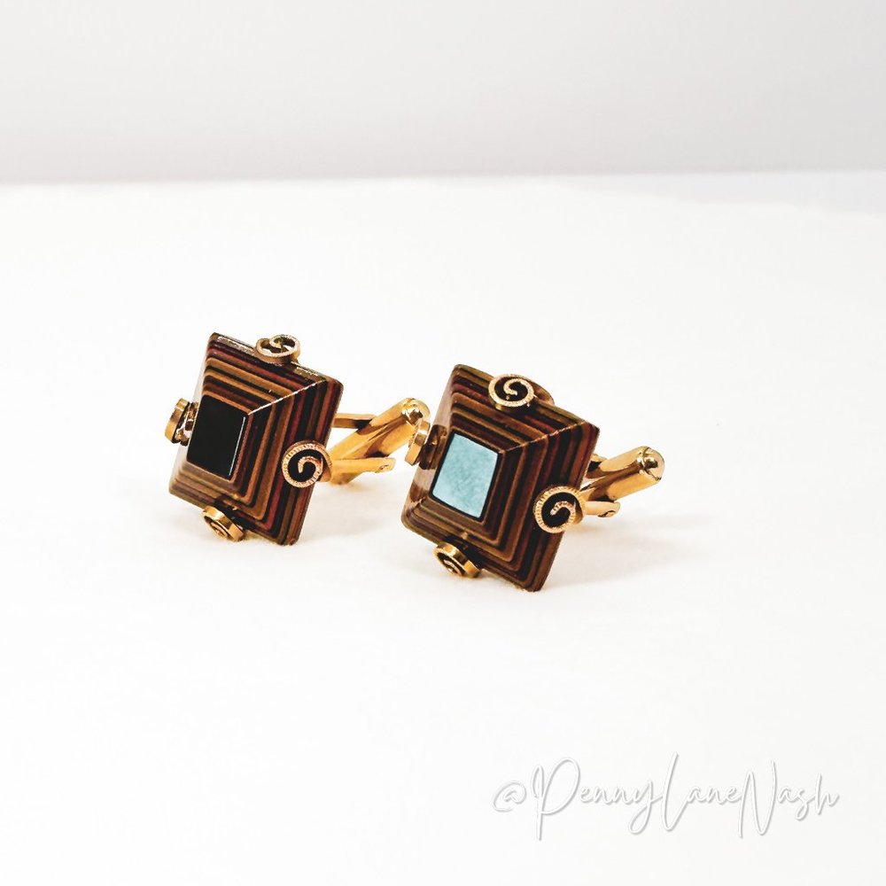 Vintage Brown Square Geometric Cuff Links in Gold Plated - Picture 5 of 6